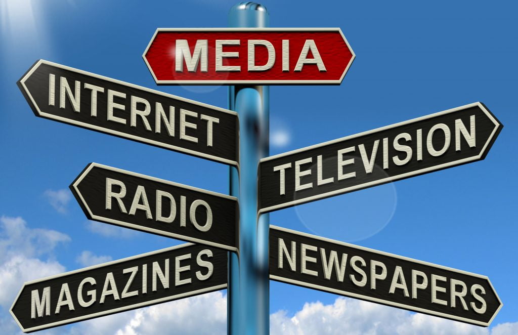 Media Signpost Showing Internet Television Newspapers Magazines And Radio