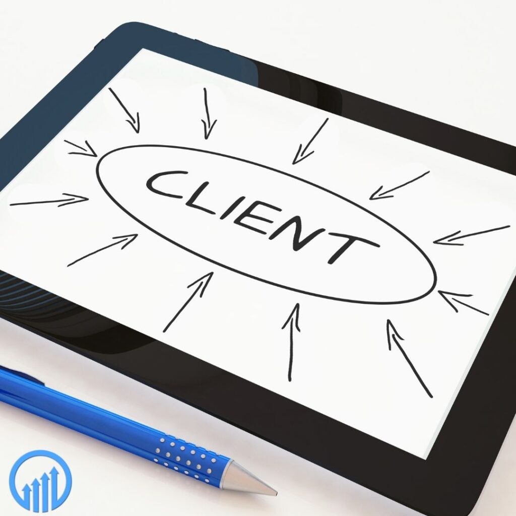 A tablet with the word "client" in the center and arrows pointing in toward it