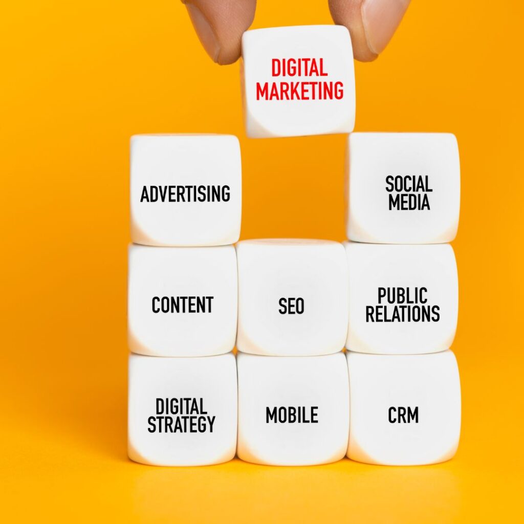white blocks on a vibrant yellow background with marketing terms written on them