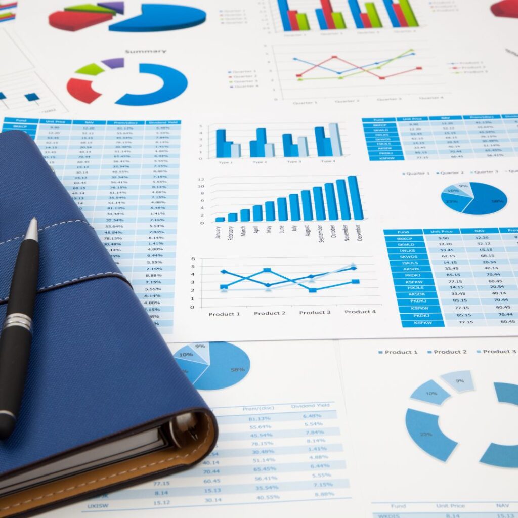 blue and white financial reports